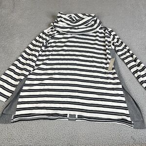 Chico's Zenergy Tunic Top 2 Striped Black White Side Striped Split Cowl Neck